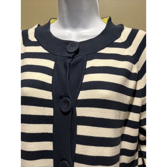 LL Bean Navy Blue White Yellow Striped Cardigan Button With Pockets L - Picture 5 of 8